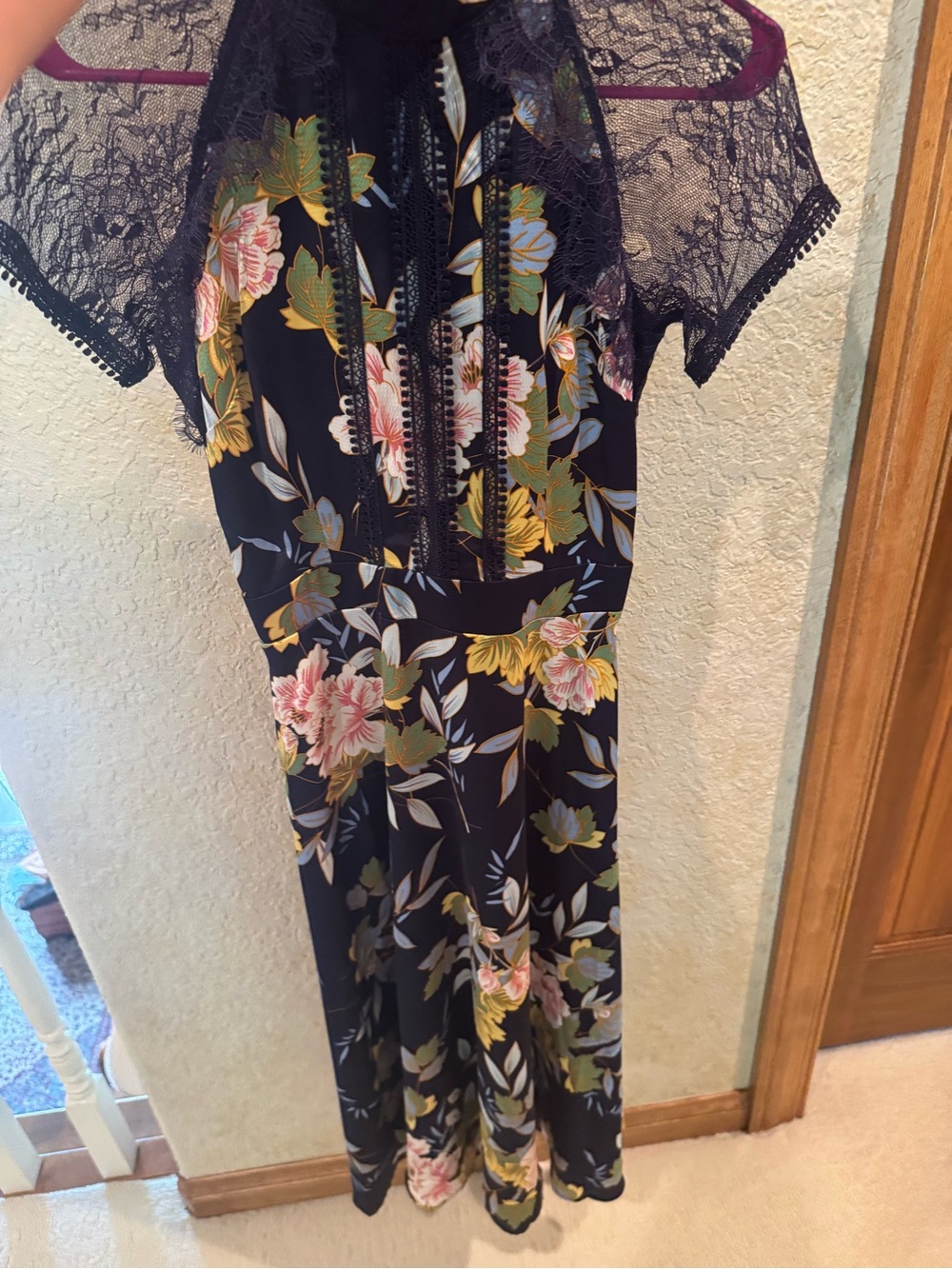 Floral Lace Yoke Maxi Dress - Black with Pink & Green Floral